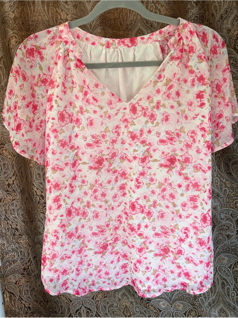 Pink Floral V-Neck Short Sleeve Blouse